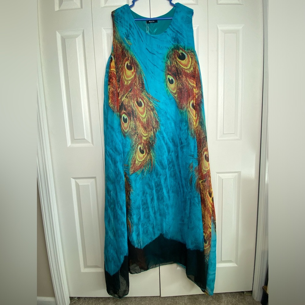 Women's Wantdo Dress Chiffon Lined Peacock Art to Wear Shift Sleeveless Sz 22